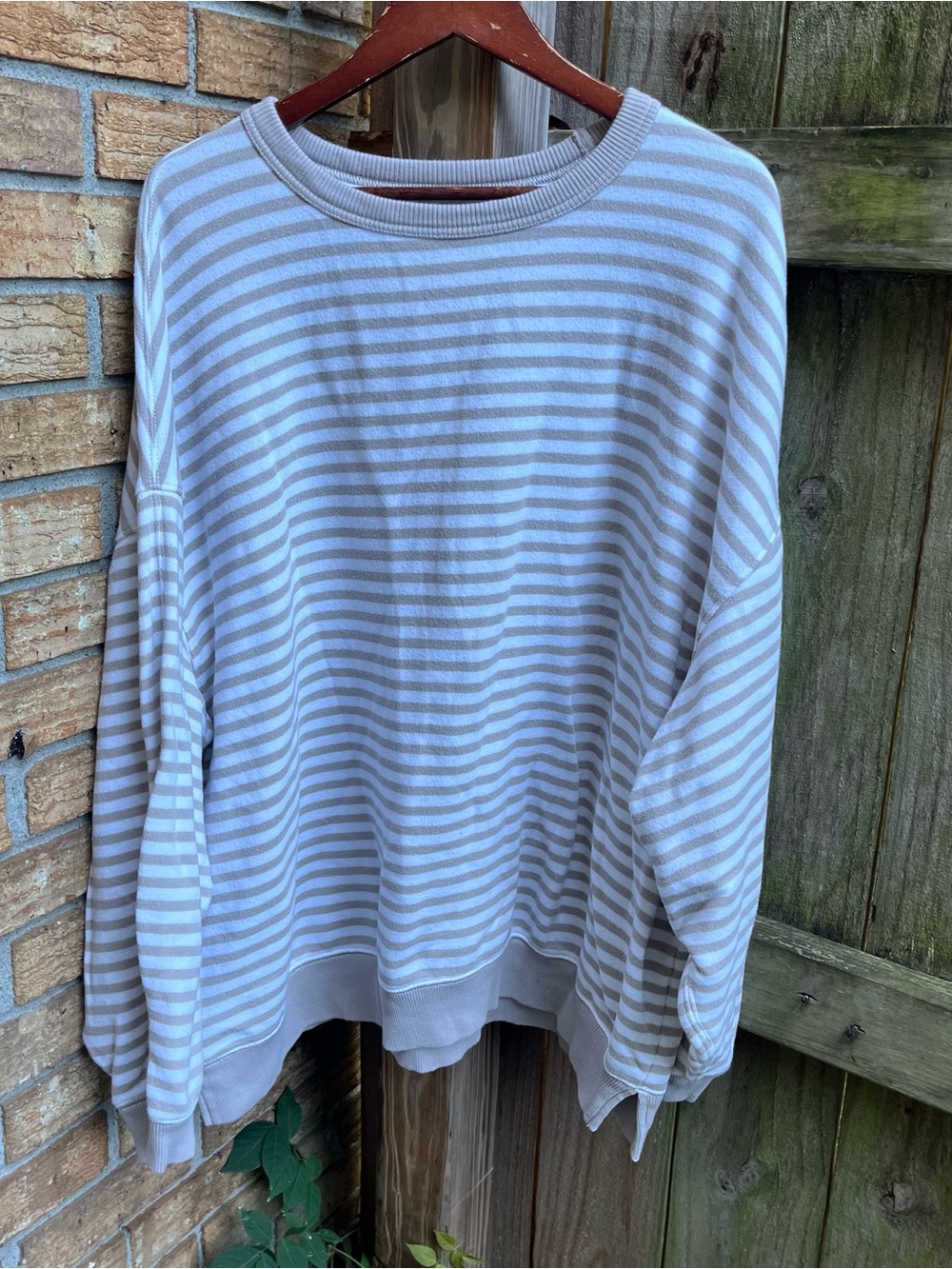 Aerie Oversized Striped Crewneck Sweatshirt in Light Beige & White